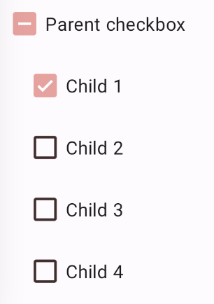 "A parent checkbox and 4 children checkboxes. They container is pink, the
outline is brown, and the icon is white."