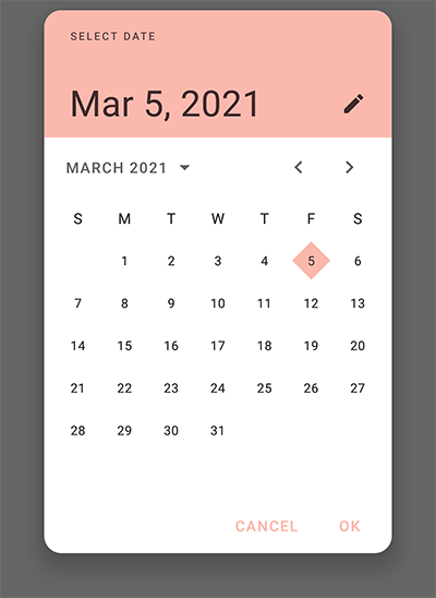 "Date Picker pink interactive display, grey background, and brown icons and
text."