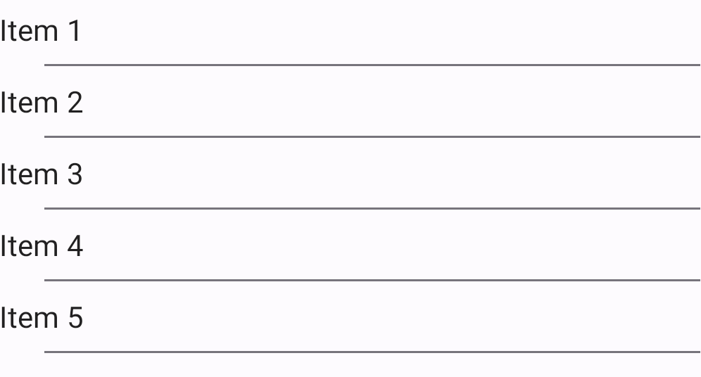 Vertical list of five items with five gray dividers that have a start inset