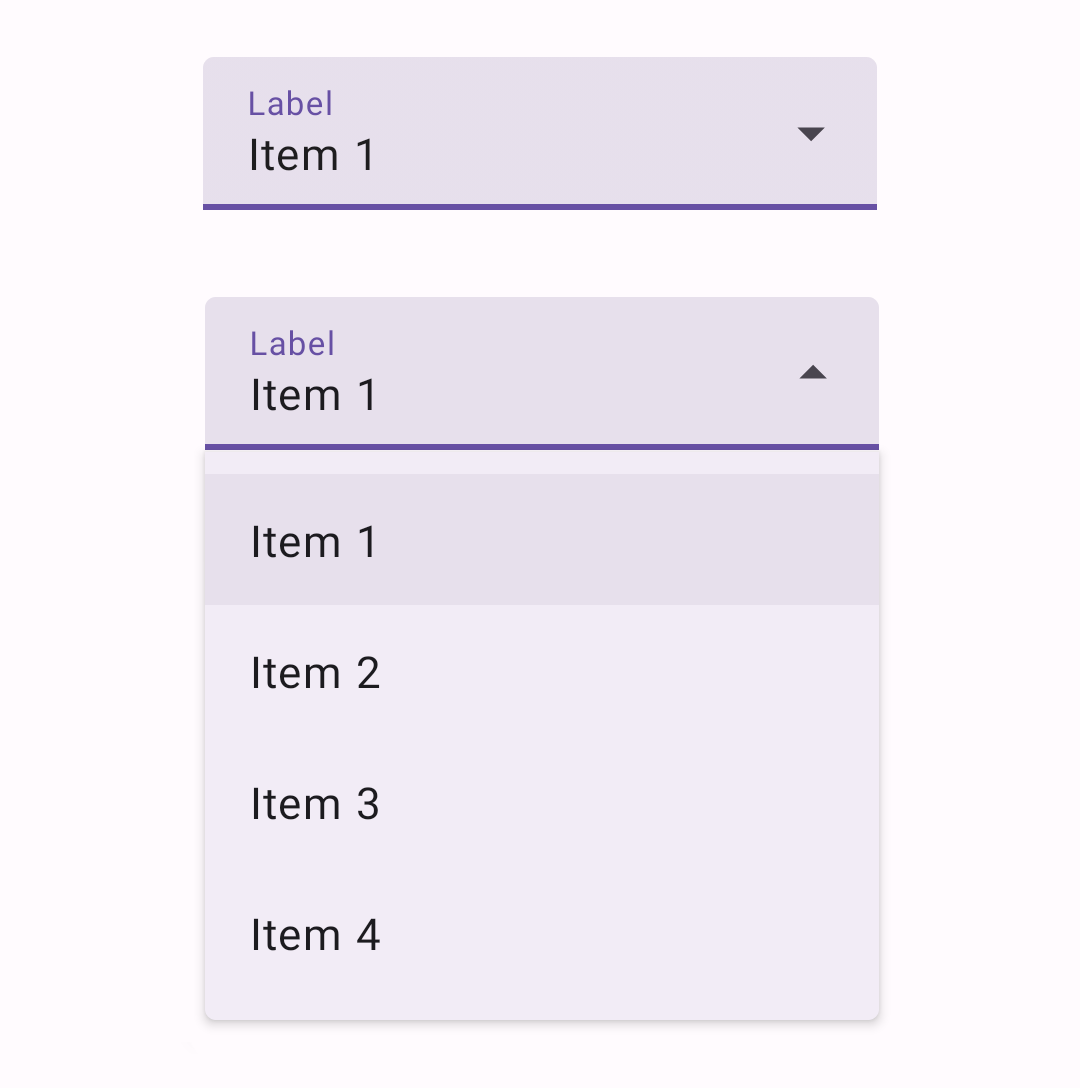 2 menu states with text field element: 1) has "item 1", 2) has "item 1" and a
4-item menu container.