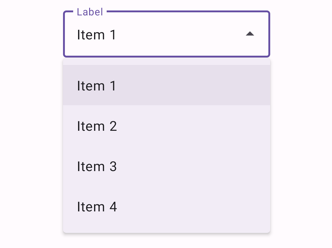 Menu with purple outlined text field element and 4 items. Item 1 selected.