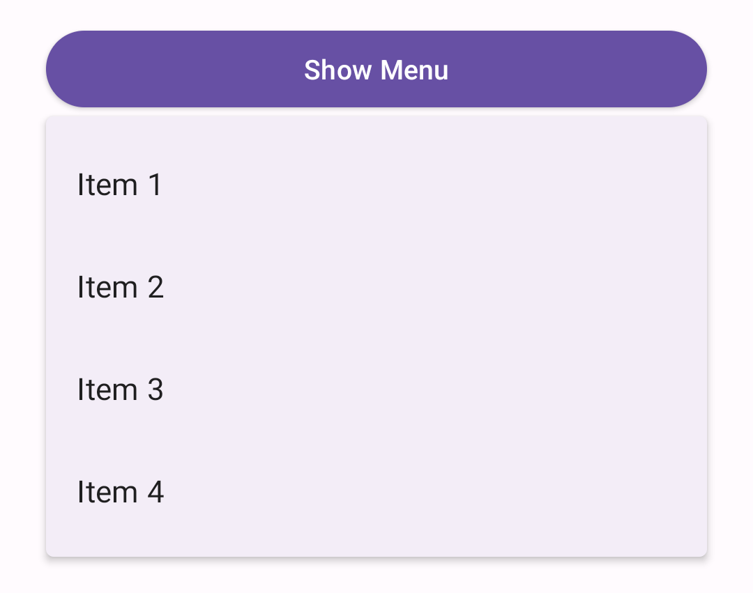 White menu container with 3 options below a purple "Show menu" button