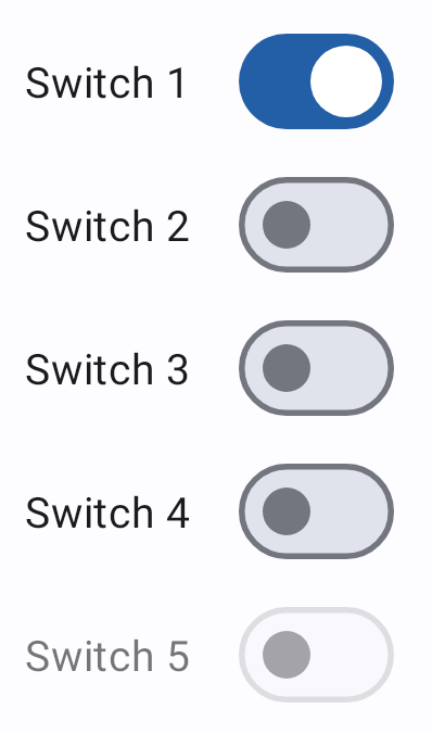 Example of 5 switches, the first one is toggled and the last one is disabled.