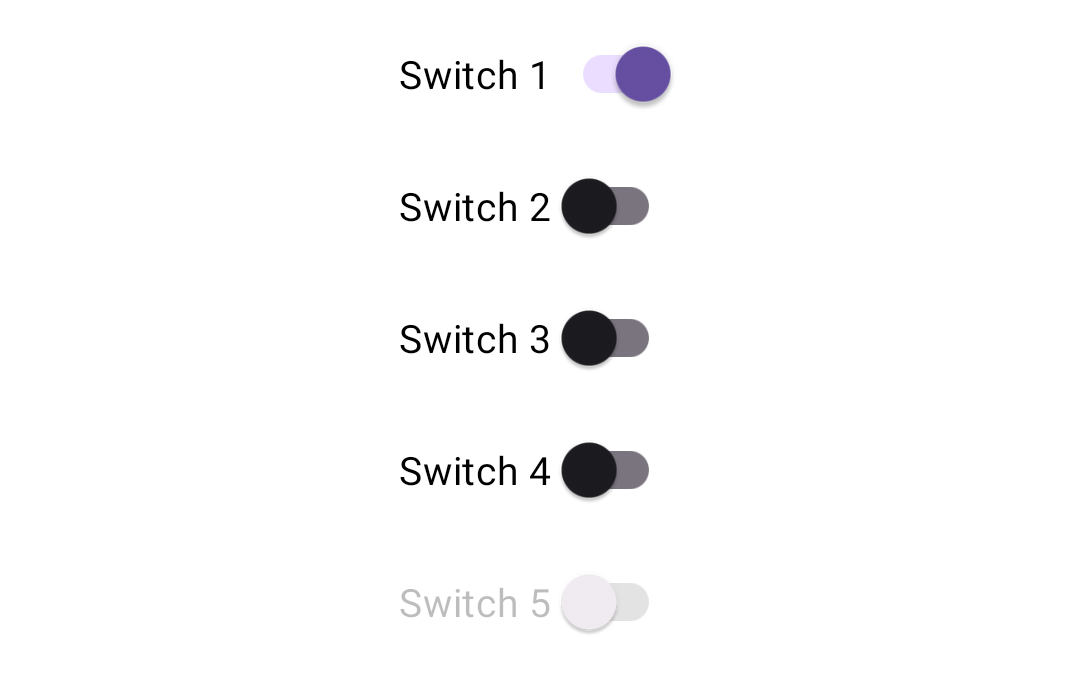 Example of 5 switches, the first one is toggled and the last one is disabled.