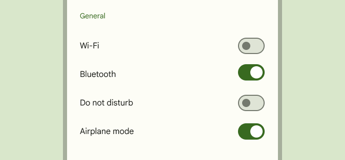 White "Settings" menu with purple header and switches to turn on options, such
as "Wi-fi" and "Bluetooth"