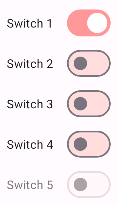 "5 switches with brown text: first switch is on and has pink thumb and track"