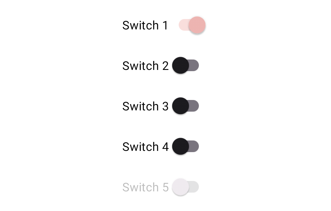 "5 switches with brown text: first switch is on and has pink thumb and track"