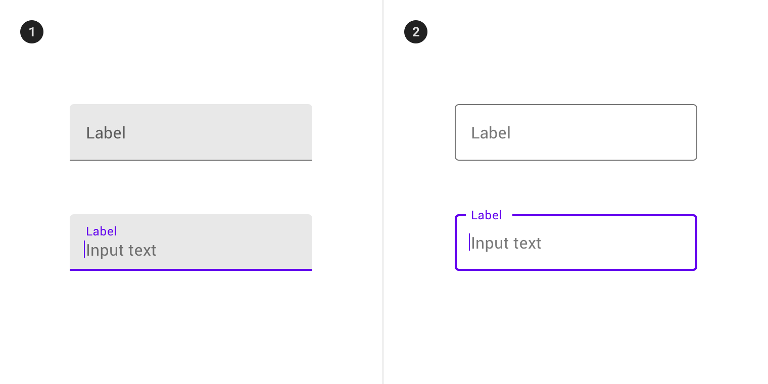 "Text field types. Fixed: grey back, dark gray indicator turns purple.
Outlined: clear back, gray outline turns
purple"