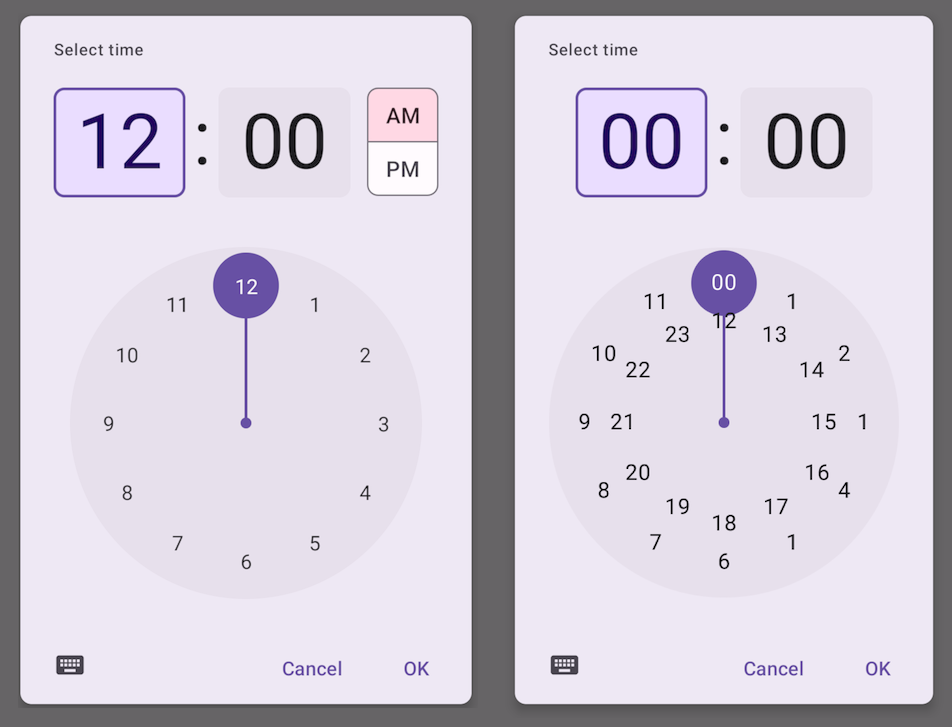 "Image of a time picker in 12H format and one in 24H format."