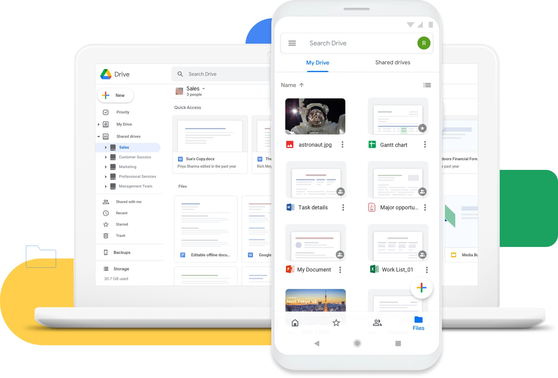 Illustration of Google Drive interface showing folders and files