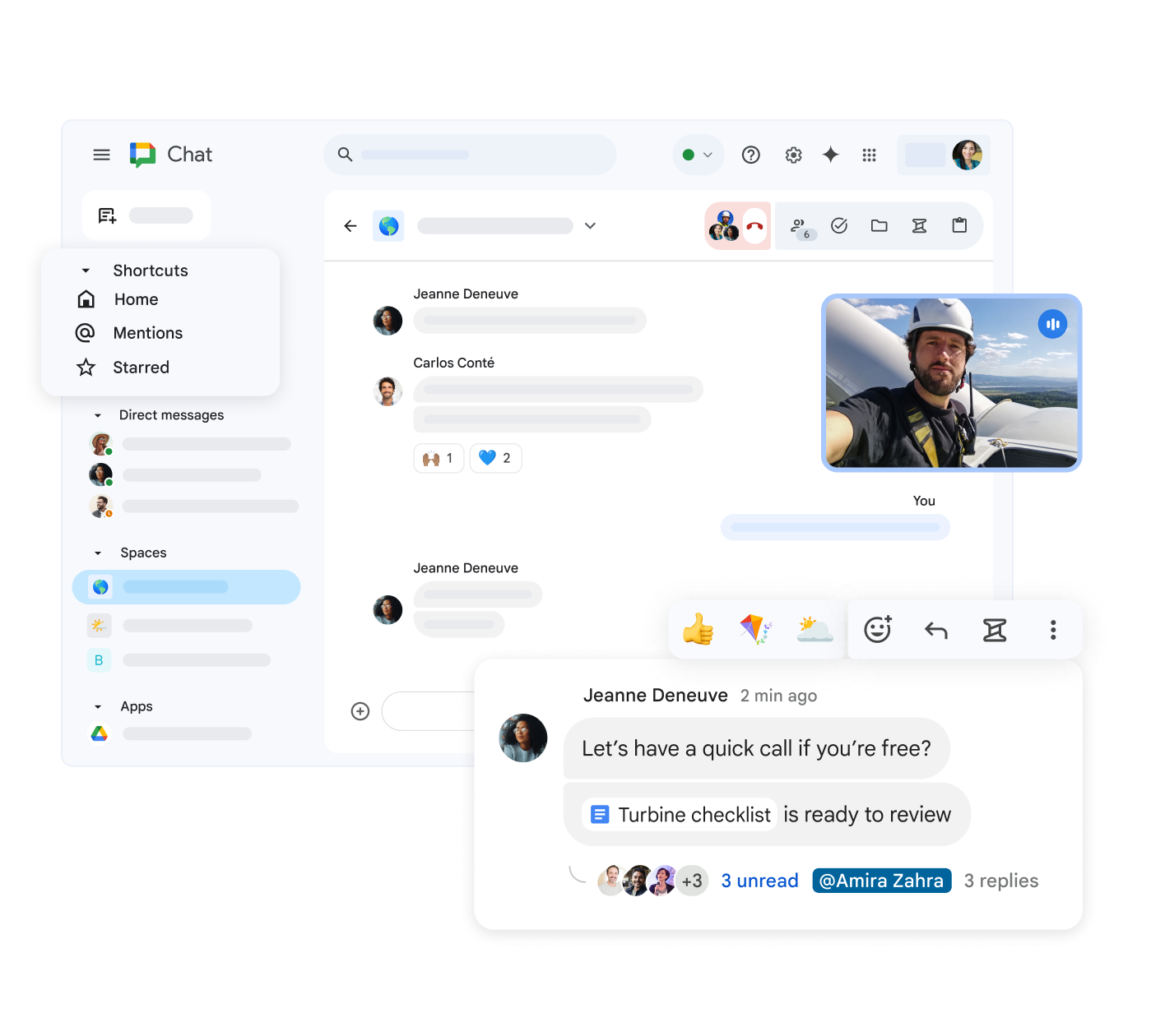 Google Chat page that highlights shortcuts, a video call in progress, and an ongoing chat conversation with a link to a Google Doc, available reactions and replies.